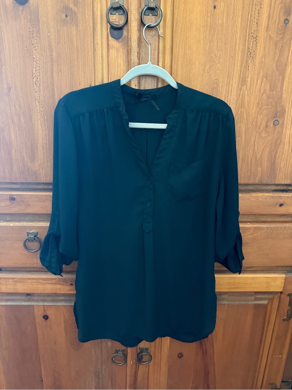 Women's Black V-Neck Roll-Sleeve Blouse